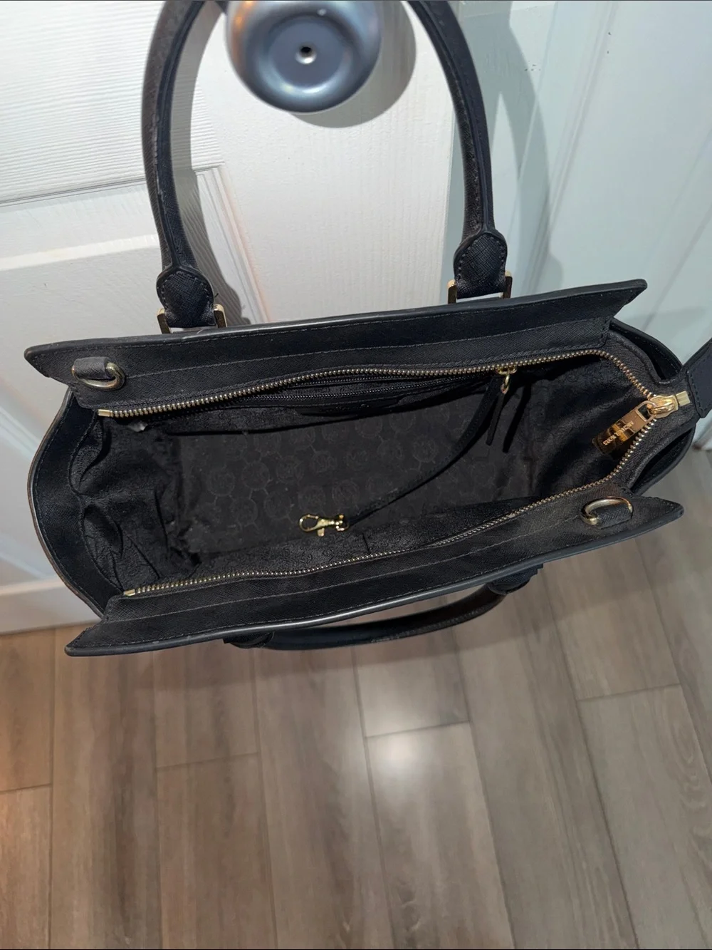 MICHAEL KORS Black Saffiano Leather Satchel with Gold Hardware